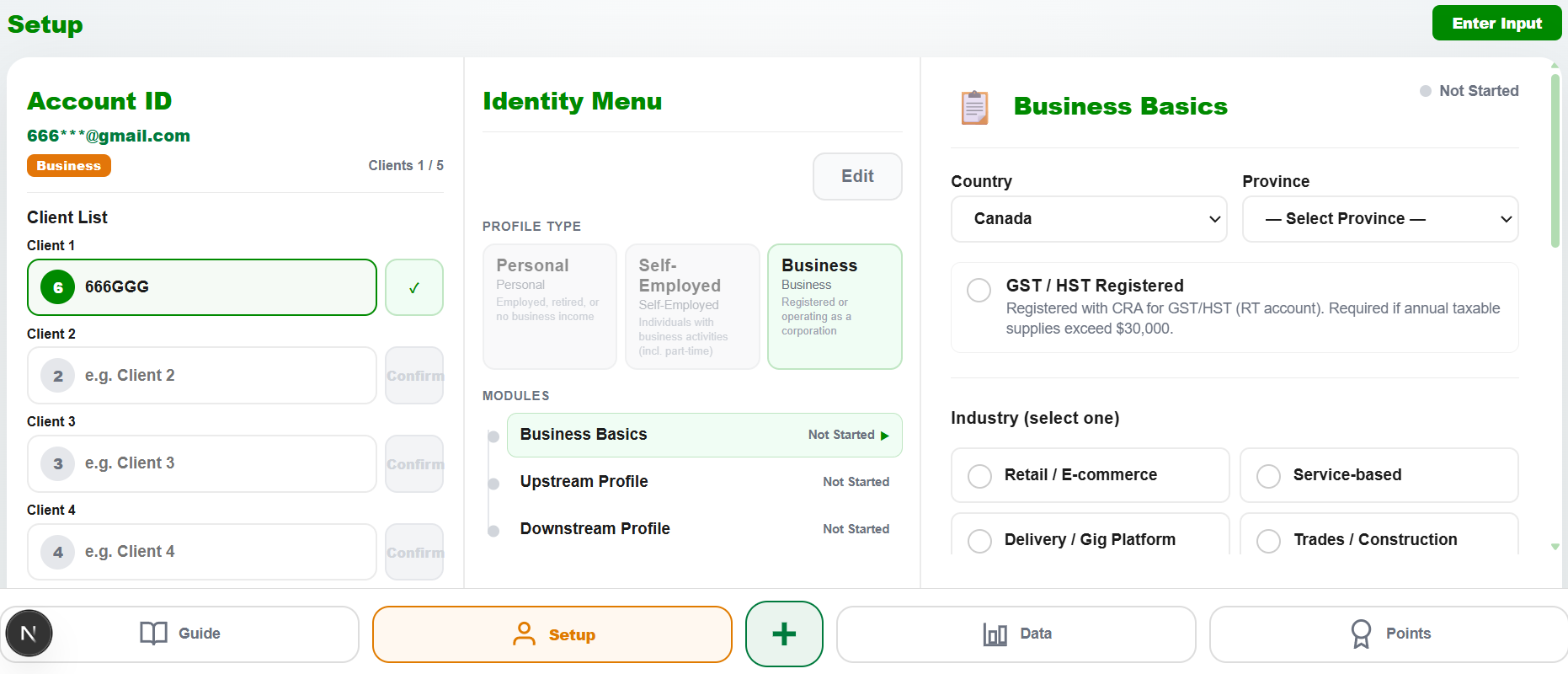 Business setup profile in TaxAI